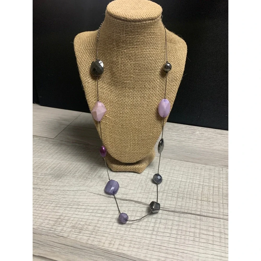 Gunmetal Purple Lavender Faceted Bead Station Long Necklace 24 Inch 4030